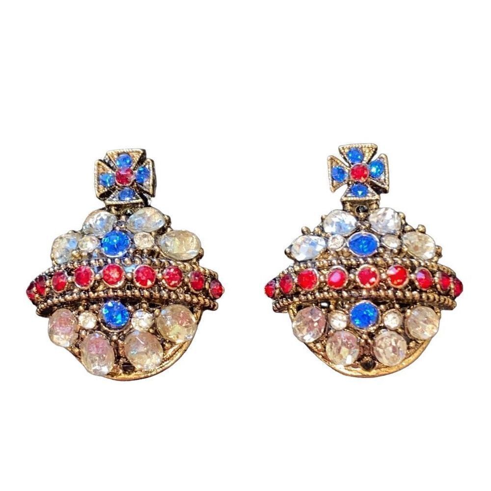 Richard Serbin HTF Rare Vintage Earrings Clip Back Regal Crown Multicolor